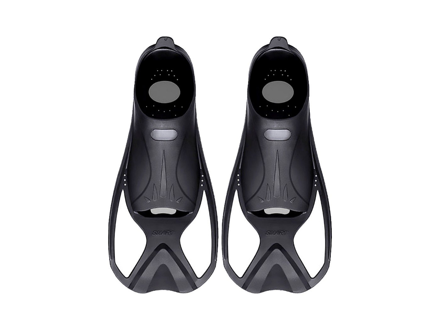 Black short-blade swimming training fins with soft silicone foot pocket